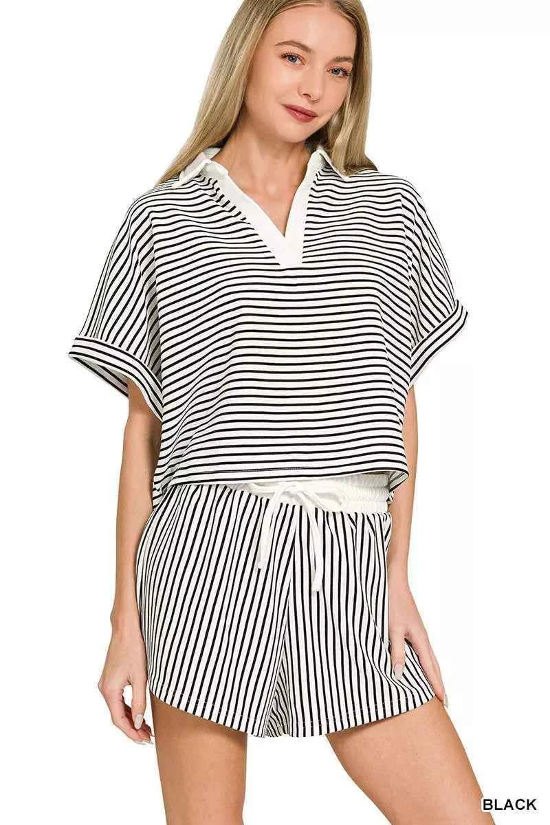 Zenana Striped Collared Top & Shorts Set
