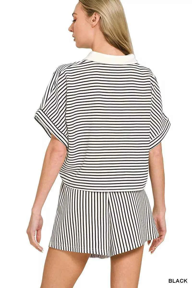 Zenana Striped Collared Top & Shorts Set