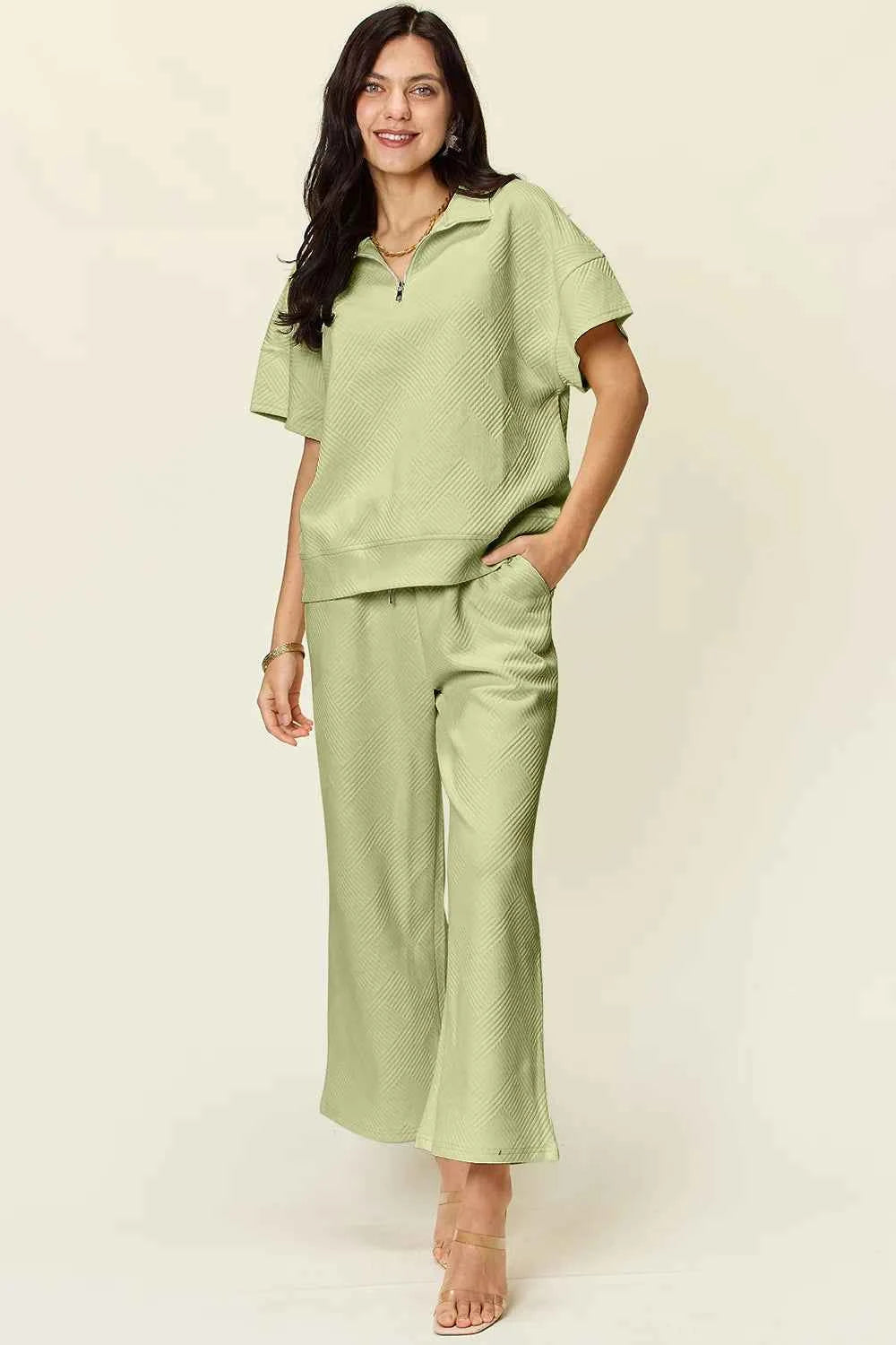 Double Take Full Size Texture Half Zip Short Sleeve Top and Pants Set