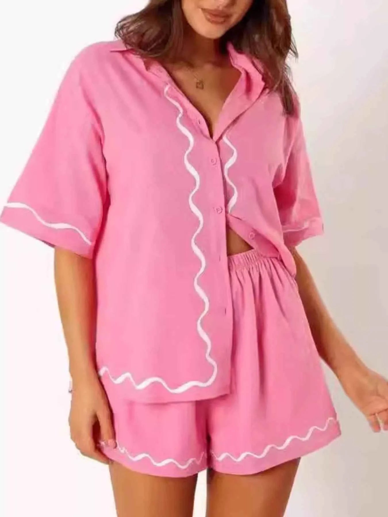 Button Down Contrast Trim Shirt and Shorts Set