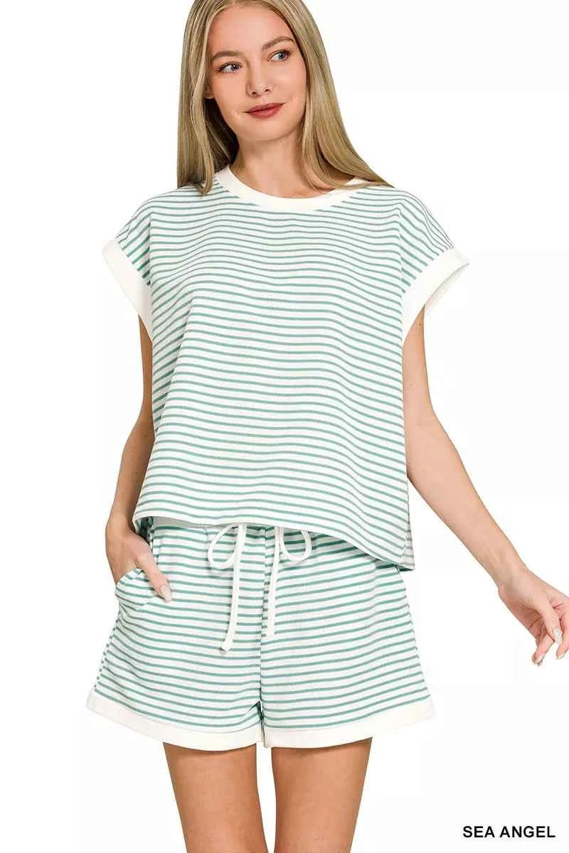Zenana Stripe Contrast Trim Top & Shorts Set