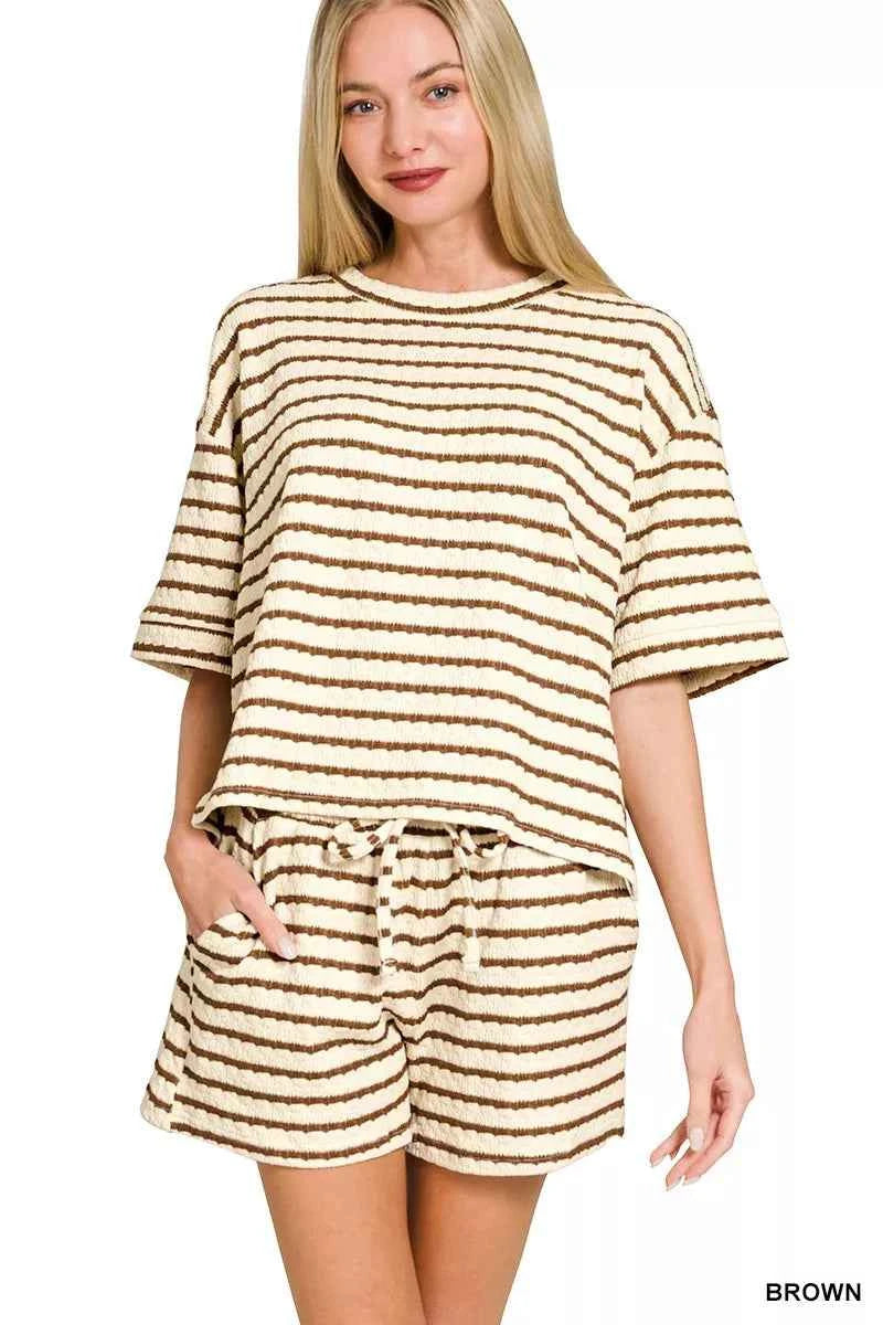 Zenana Striped Short Sleeve Tee & Shorts Set