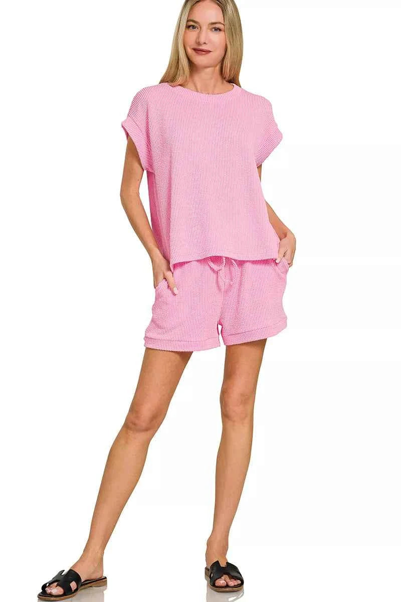 Zenana Raised Rib Cap Sleeve Top & Shorts Set