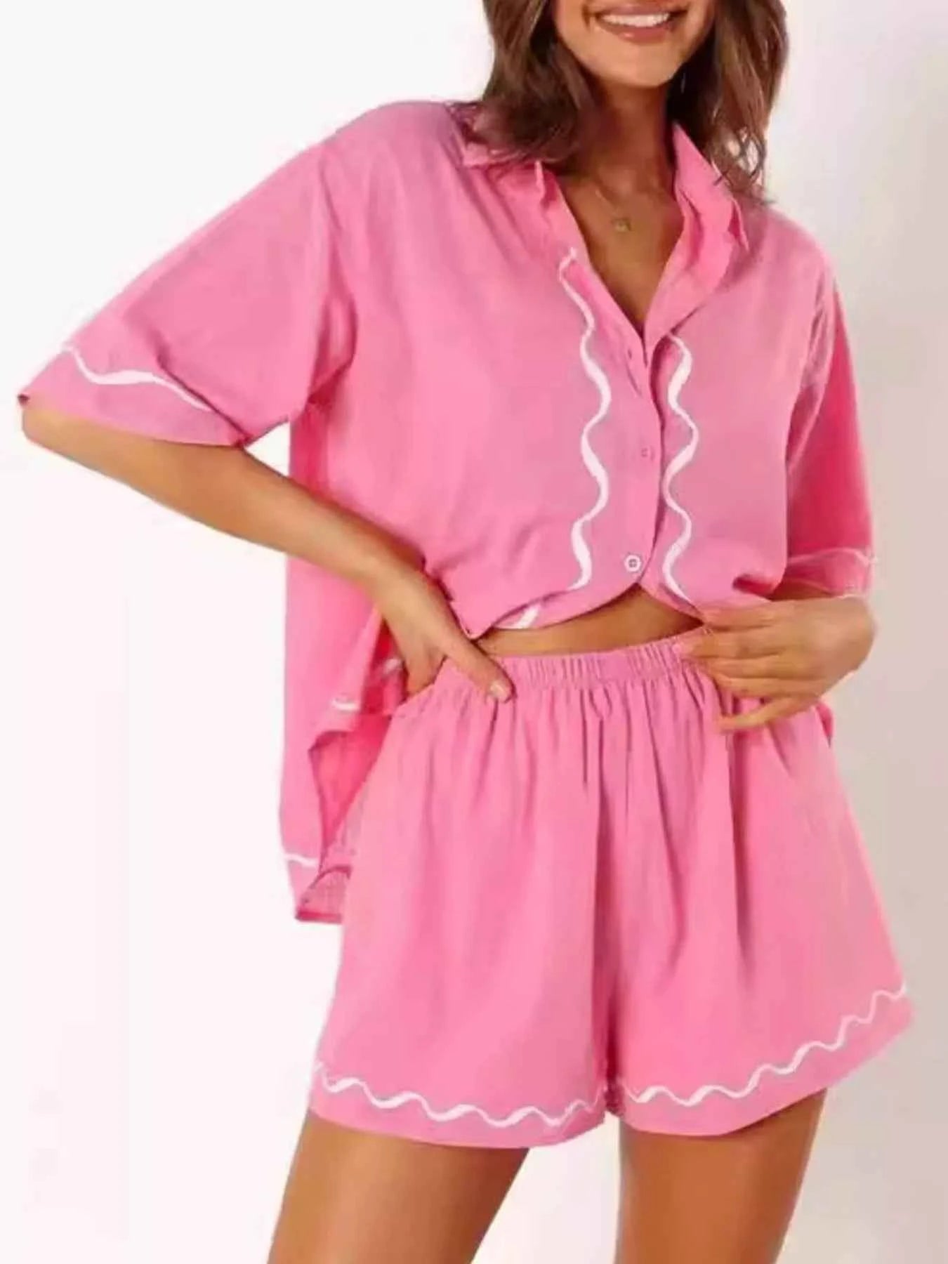 Button Down Contrast Trim Shirt and Shorts Set