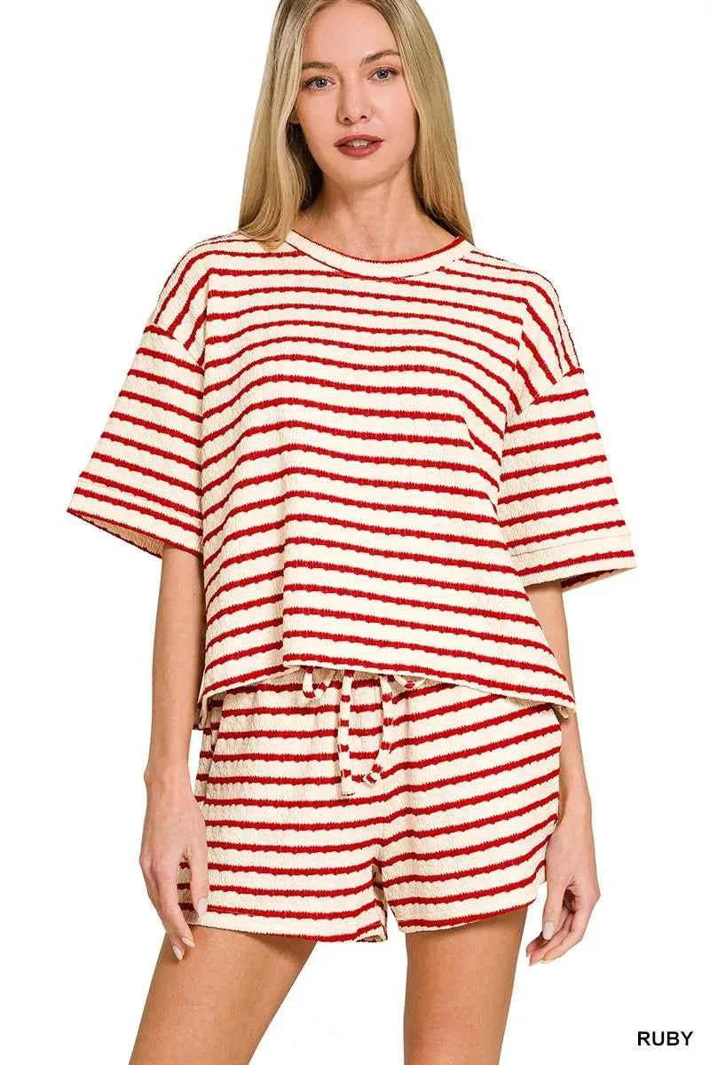 Zenana Striped Short Sleeve Tee & Shorts Set