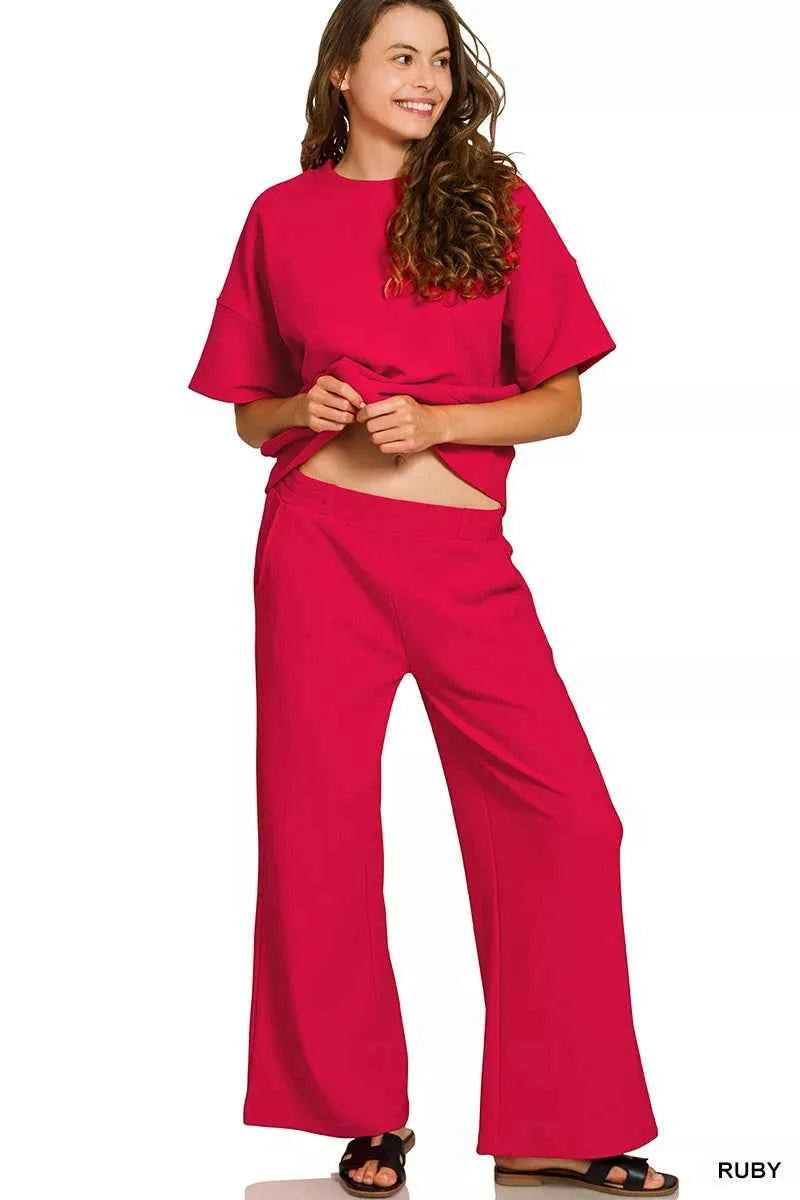 Zenana Ribbed Round Neck Tee & Pants Set