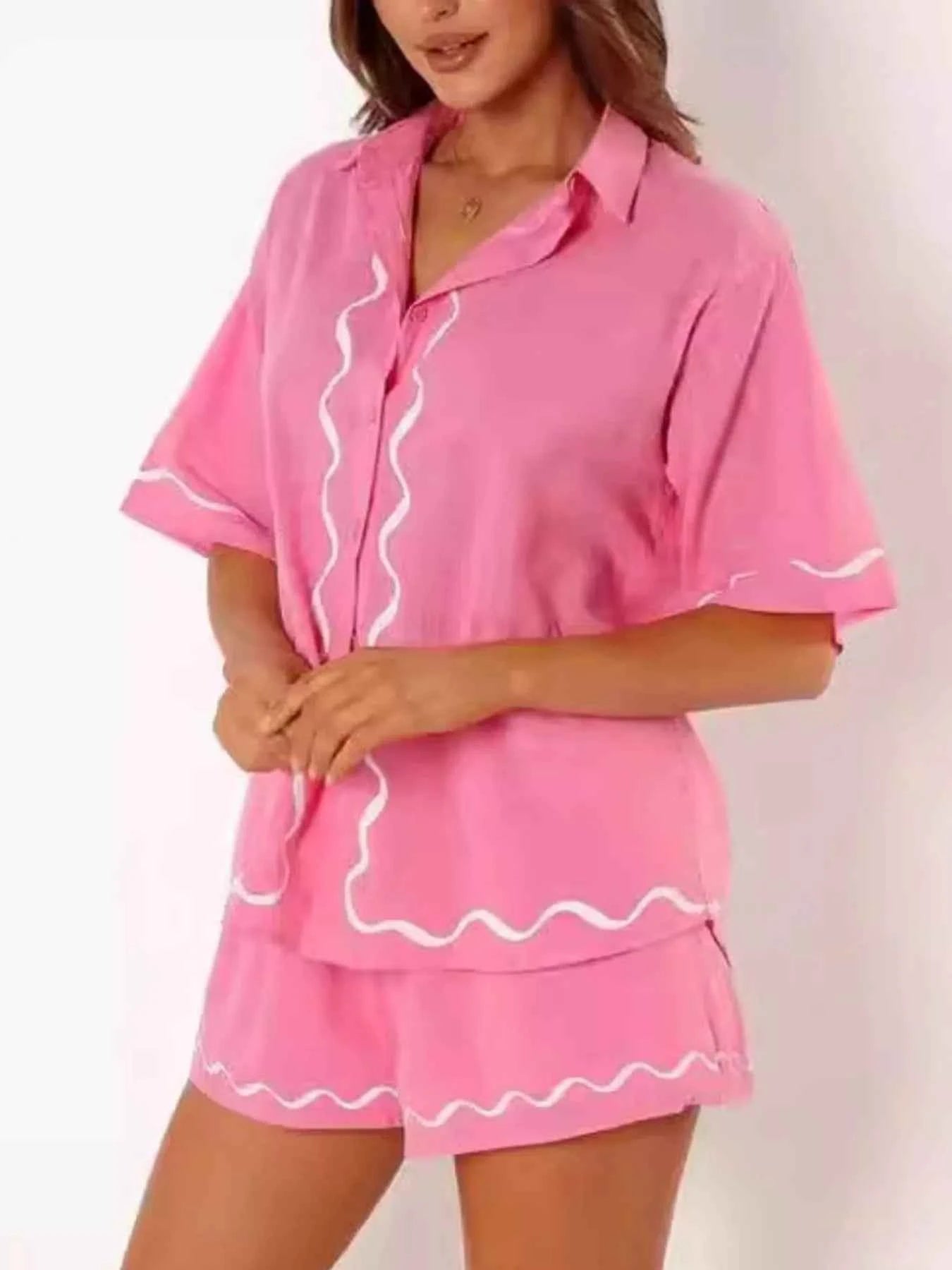 Button Down Contrast Trim Shirt and Shorts Set